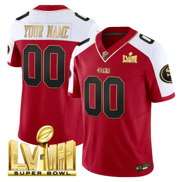 49ers Super Bowl LVIII Gold Patch Vapor Custom Jersey – All Stitched