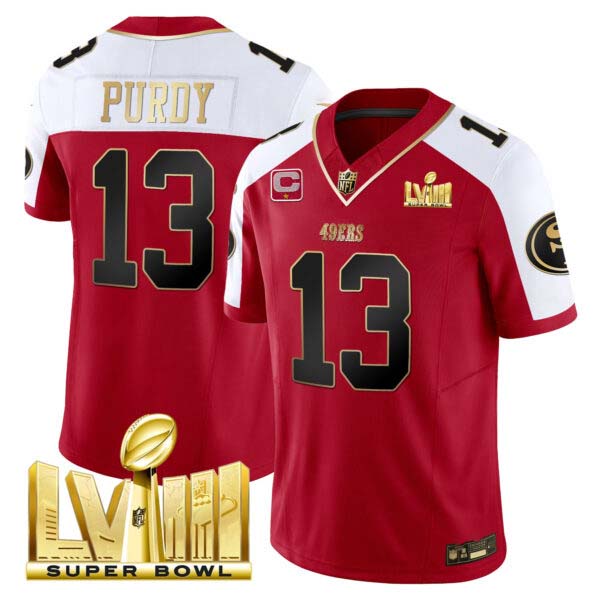 Men’s 49ers Super Bowl LVIII Gold Patch Vapor Jersey – All Stitched