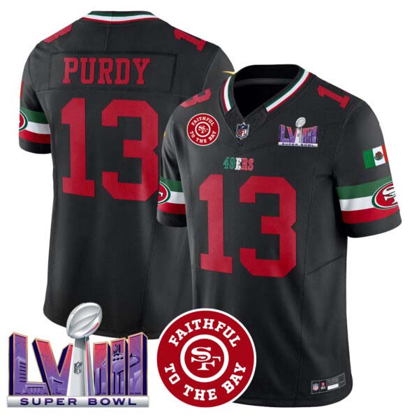 Men’s 49ers Mexico Faithful & Super Bowl LVIII Patch Vapor Jersey – All Stitched