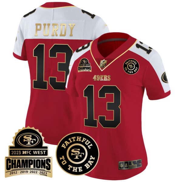 Women’s 49ers 2023 NFC West Champions Patch Vapor Jersey V3 – All Stitched