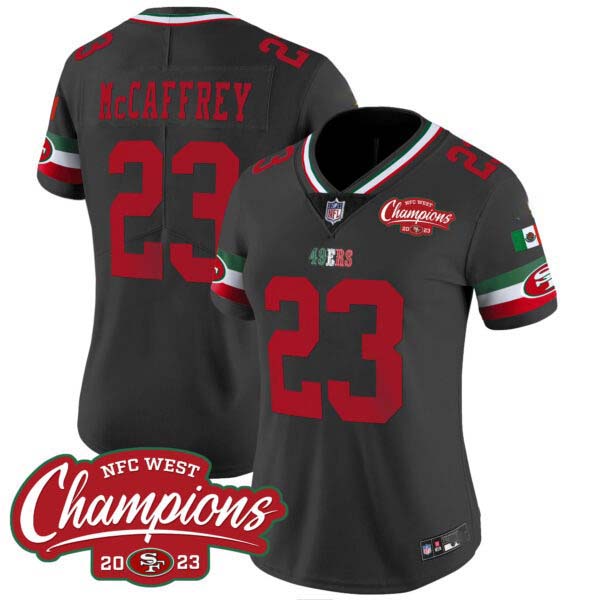 Women’s 49ers Mexico 2023 NFC West Champions Patch Vapor Jersey – All Stitched